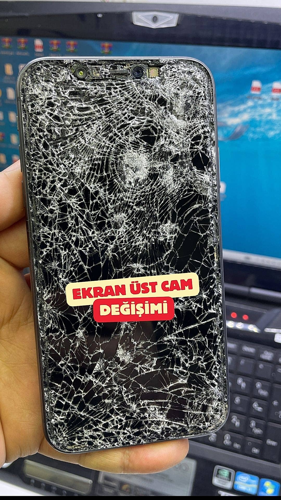 iPhone ekran üst cam değişimi işlemi, kırık cam görseli